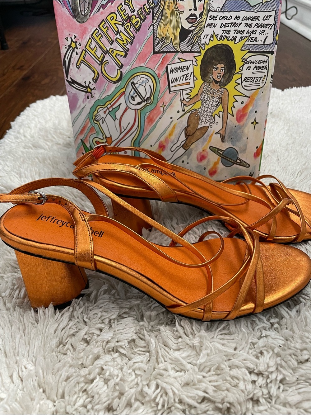 Jeffrey Campbell Metallic Orange Strappy Block Heel Sandals